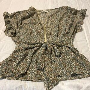 Max Studio Green and Tan Ruffled Tie Front Blouse